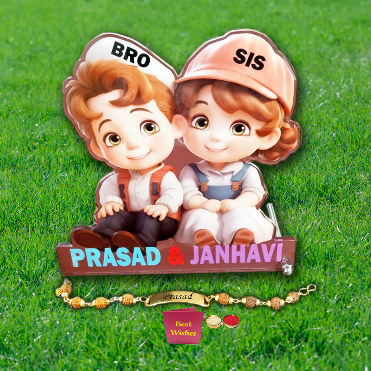 Acrylic Cartoon Caricature with Customized Name for Brothers & Sisters