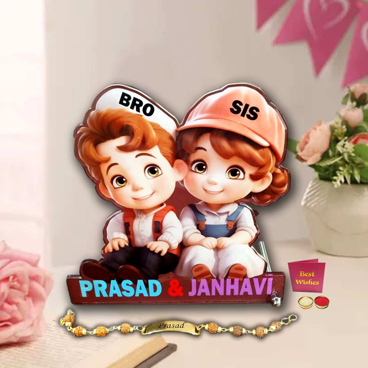 Acrylic Cartoon Caricature with Customized Name for Brothers & Sisters