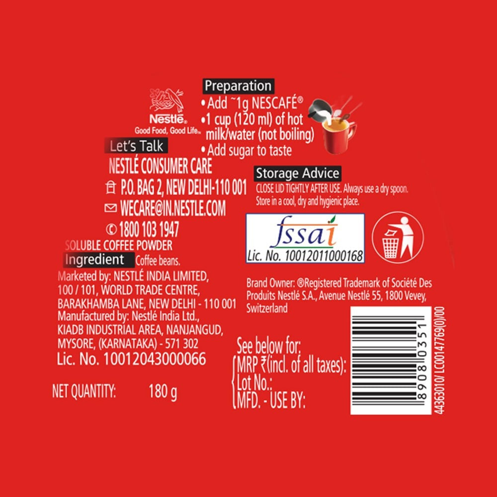 Nescafe Classic 100% Pure Instant Coffee Powder : 180 g