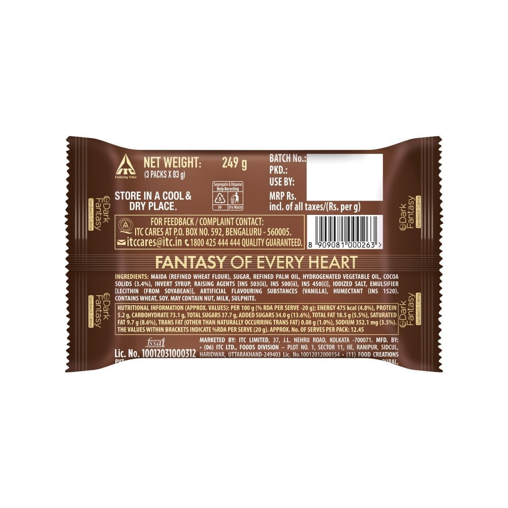 Sunfeast Dark Fantasy Choco Creme Center Filled Biscuits (3 x 83 g) - Pack of 2