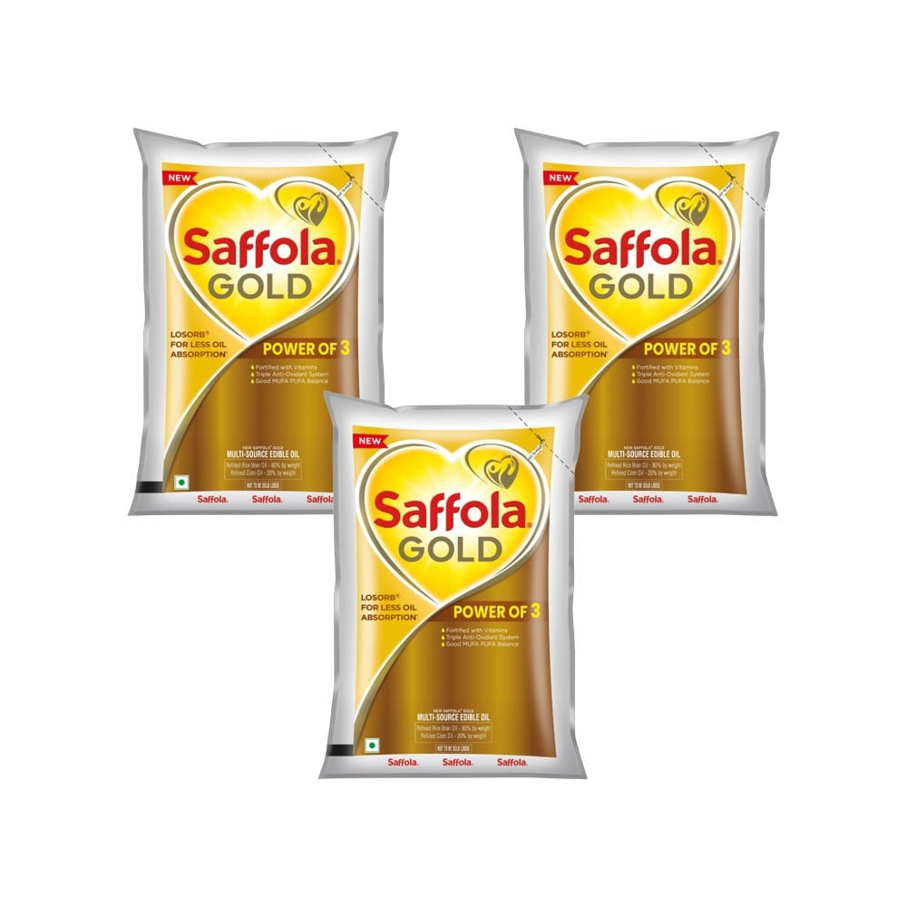 Saffola Gold Power of 3 Refined Blended Cooking Oil - Pack of 3 : 3 x 1 ltr