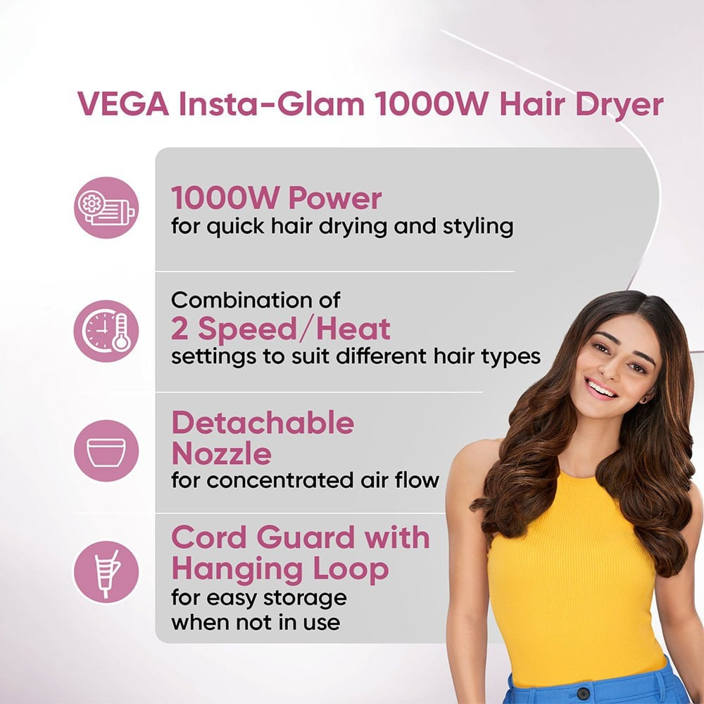 Vega Insta Glam Foldable Hair Dryer, VHDH-20 (Pink, 1000W) : 1 unit