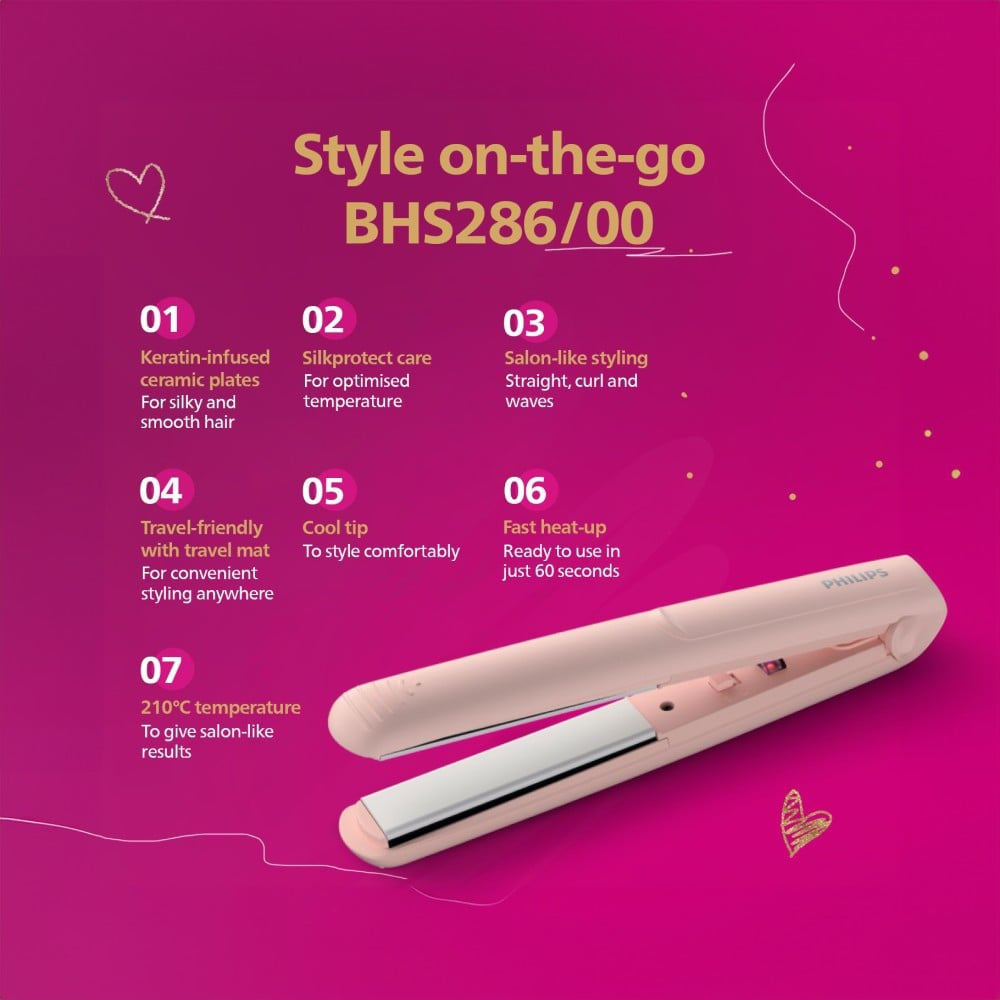 Philips BHS286/00 Style On the Go Hair Straightener (Peach, 31-33 W) : 1 unit