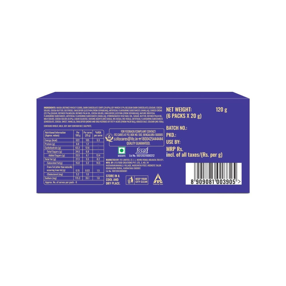 Sunfeast Baked Creations Rich Choco Chip Cookies : 6 x 20 g