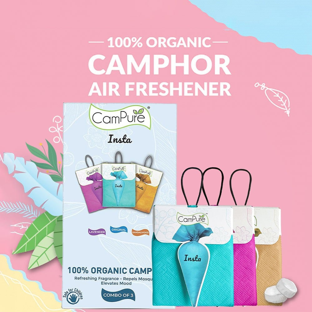 CamPure 100% Organic Camphor Car Freshener Cone - Original, Sandalwood and Lavender : 1 pack (3 x 30 g)