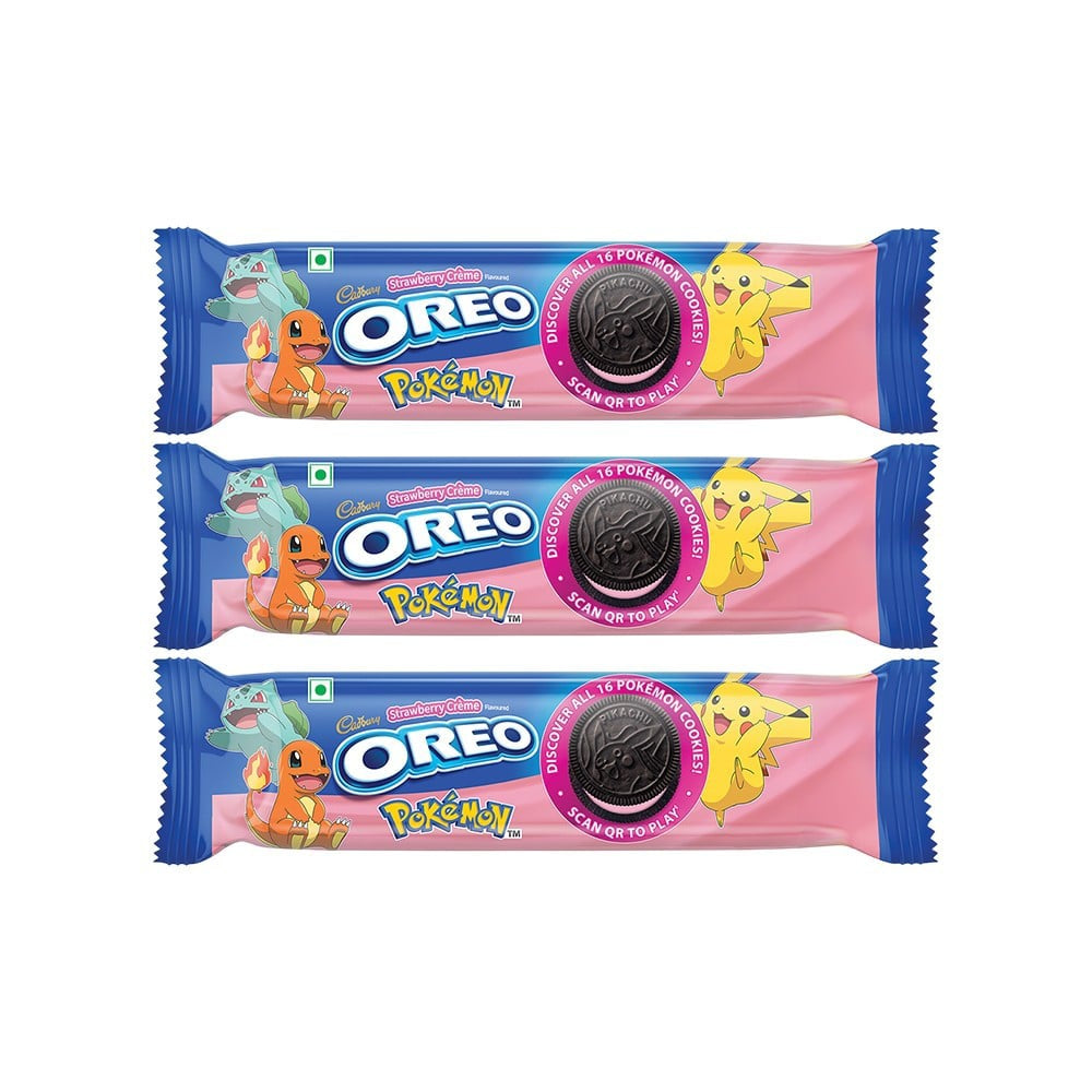 Cadbury Oreo Pokemon Strawberry Flavour Sandwich Cream Biscuits - Pack of 3 : 3 x 113.75 g