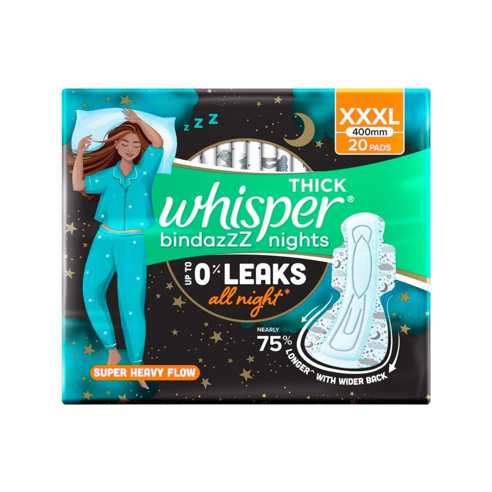 Whisper Bindazzz Nights Sanitary Pads (XXXL) : 20 pieces