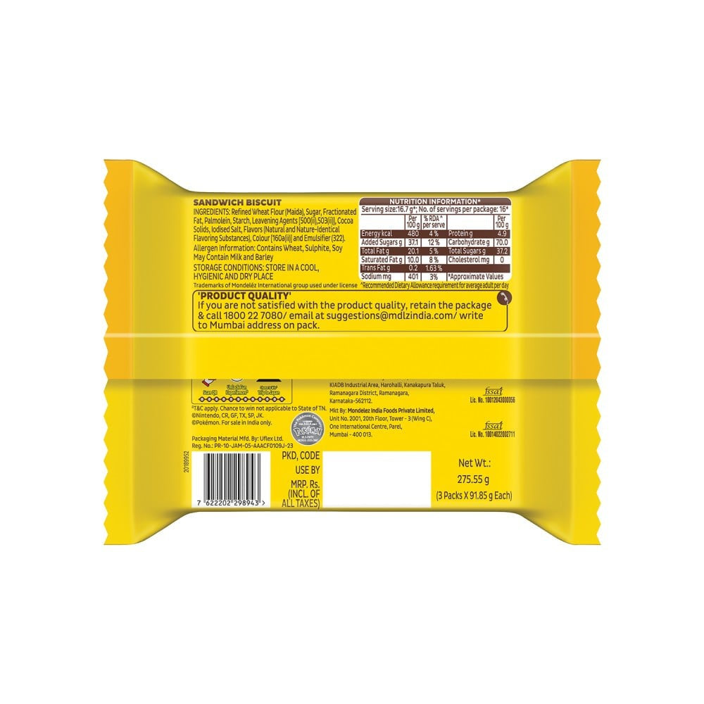 Cadbury Oreo Pokemon Pikachu Yellow Sandwich Cream Biscuits : 275.55 g