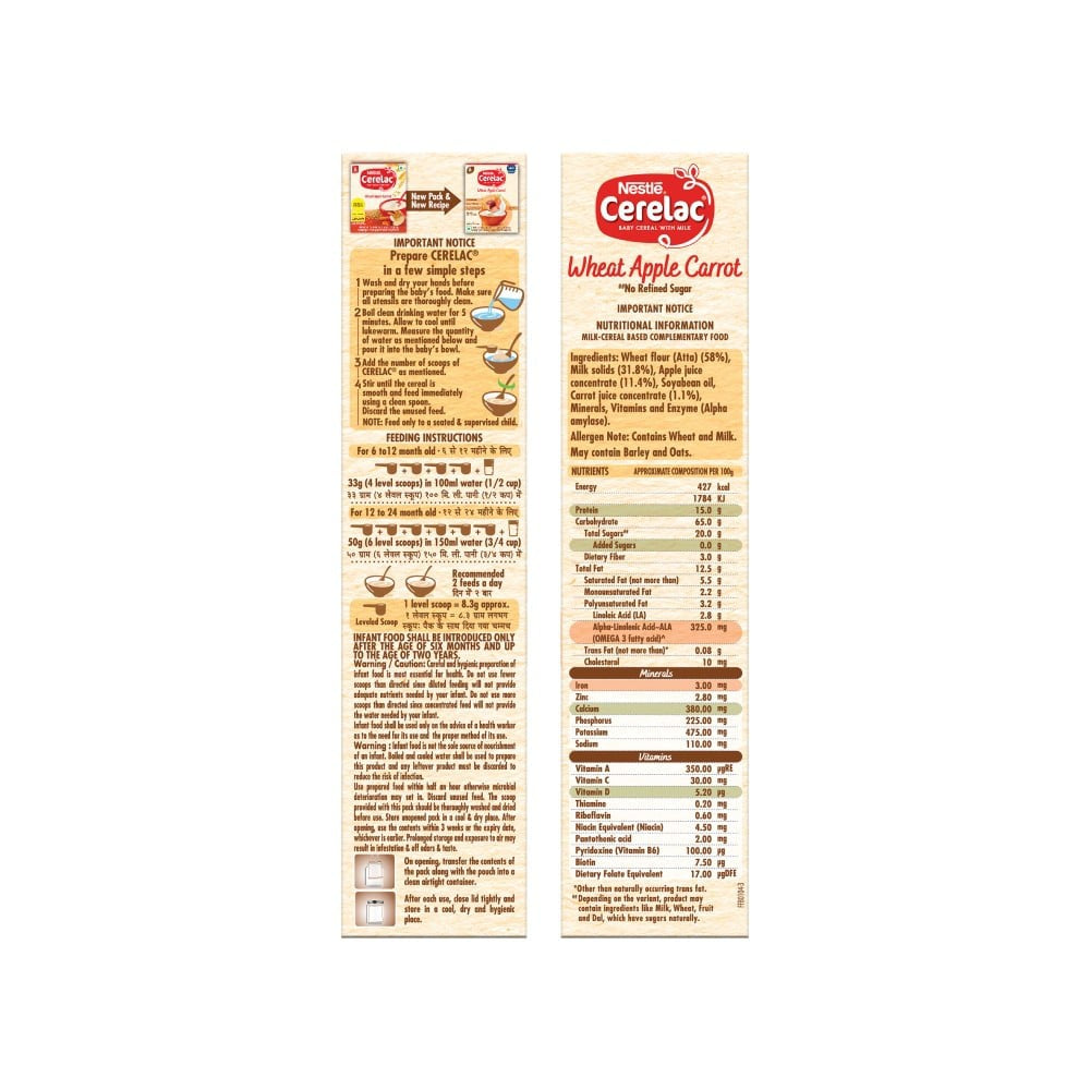 Nestle Cerelac Wheat Apple Carrot Baby Cereal (With No Refined Sugar, 6-24 Months)
