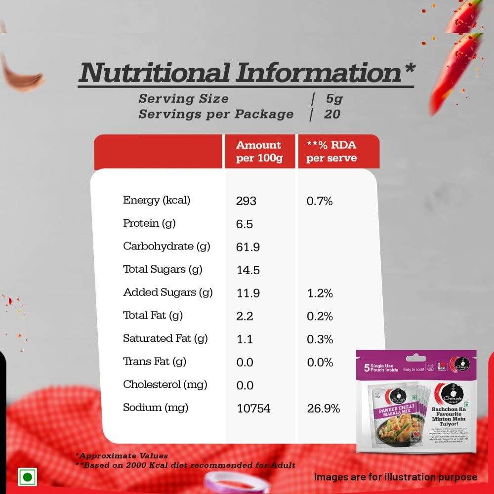 Ching's Secret Paneer Chilli Masala Instant Mix - 5 Single Use Pouches : 5 x 20 g