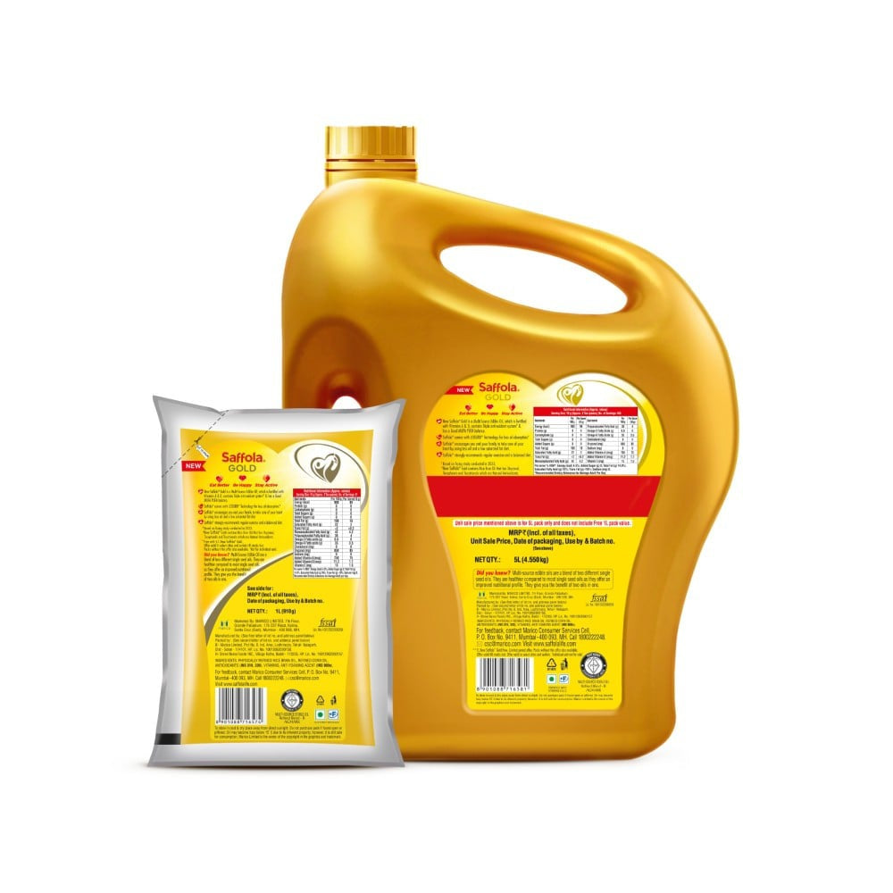 Saffola Gold Refined Blended Cooking Oil (Rice Bran + Corn) - Free 1 l Pouch : 5 l + 1 ltr