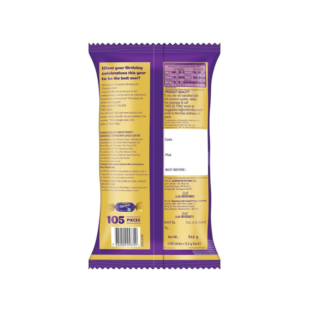 Cadbury Choclairs Gold Candy - Pack of 2 : 2 x 546 g (105 x 5.2 g)