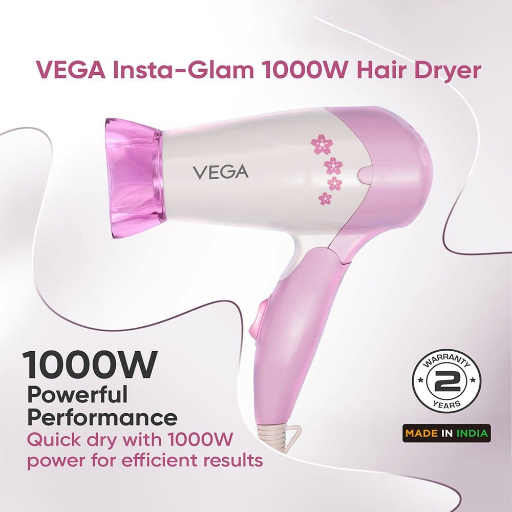 Vega Insta Glam Foldable Hair Dryer, VHDH-20 (Pink, 1000W) : 1 unit
