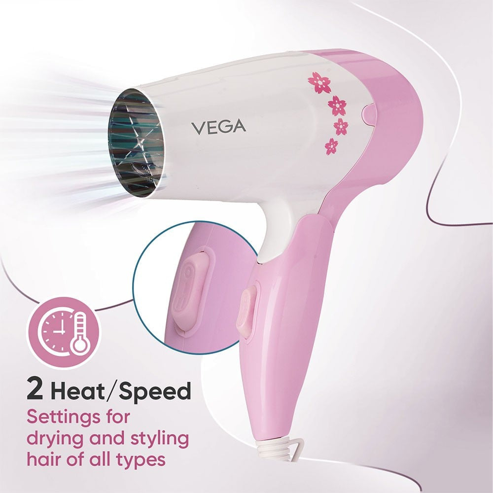 Vega Insta Glam Foldable Hair Dryer, VHDH-20 (Pink, 1000W) : 1 unit