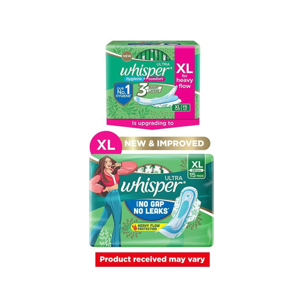Whisper Ultra Upto No Gap No Leaks Sanitary Pads (XL, 15 pieces)