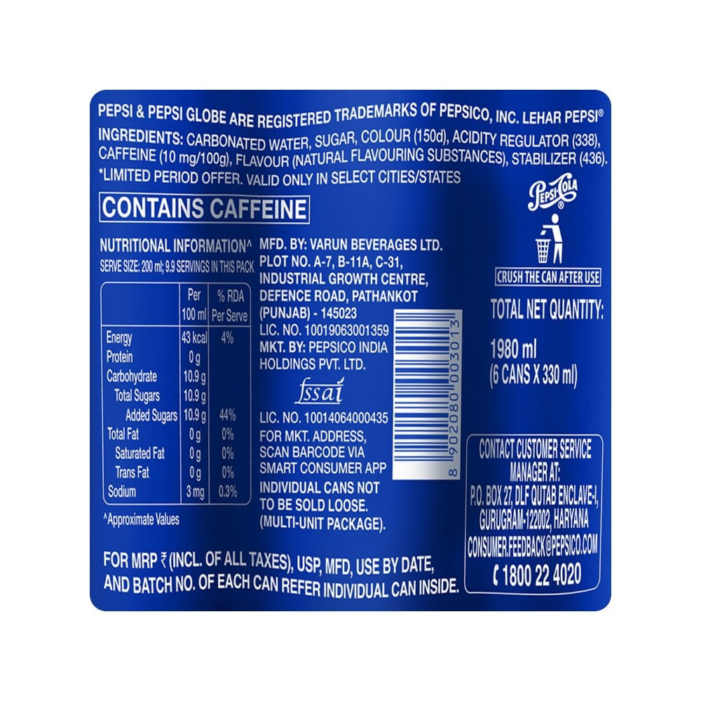 Pepsi Cola Soft Drink : 1980 ml (6 x 330 ml)