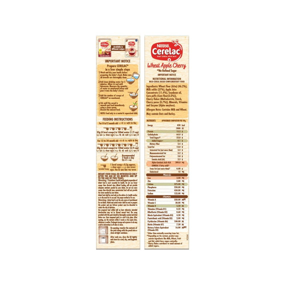 Nestle Cerelac Baby Cereal (No Refined Sugar, Wheat Apple Cherry) : 350 g