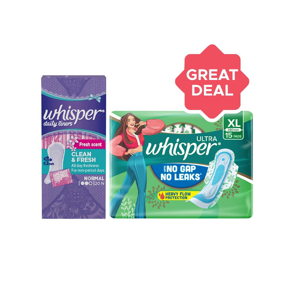 Whisper Ultra Upto No Gap No Leaks Sanitary Pads (XL) + Daily Liners Clean & Fresh Panty Liners Combo : 15 pieces + 20 pieces