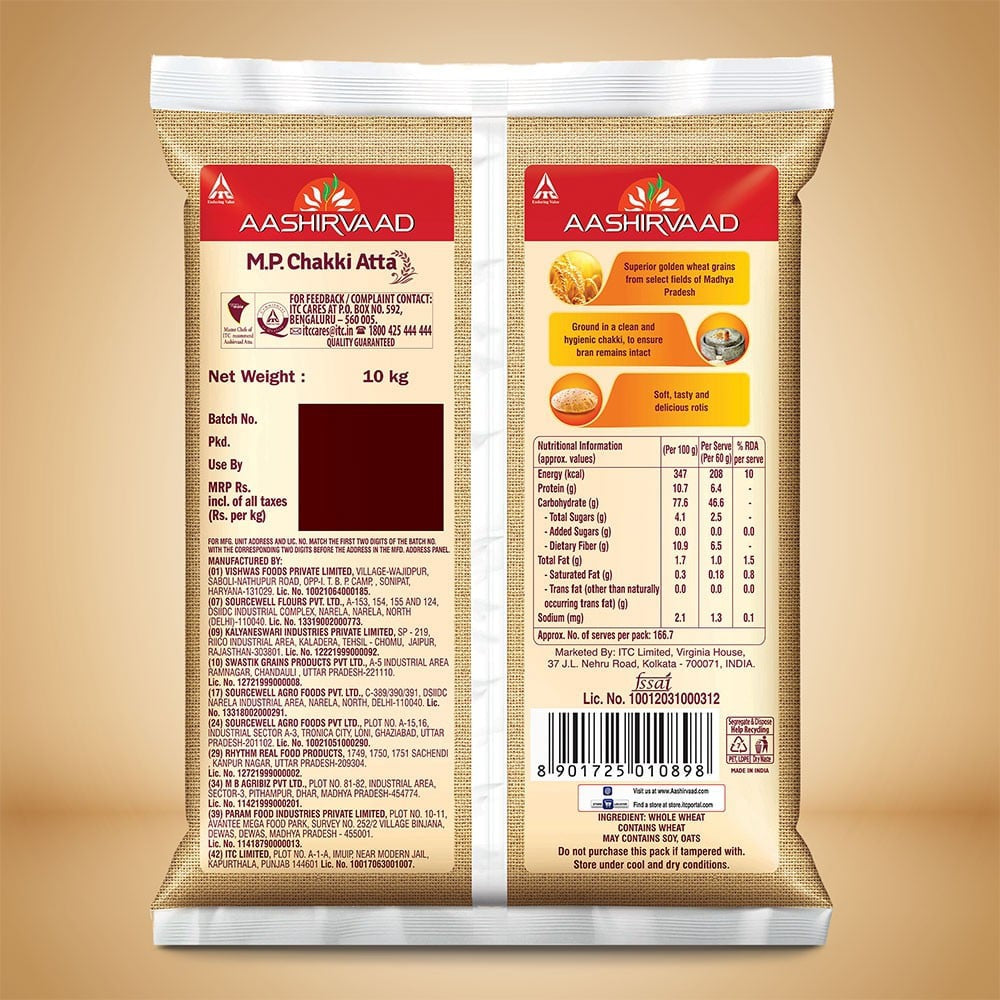 Aashirvaad 0% Maida, 100% M.P. Chakki Atta : 10 kg