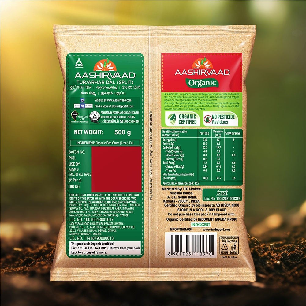 Aashirvaad 100% Organic Arhar Dal /Tur Packet : 500 g
