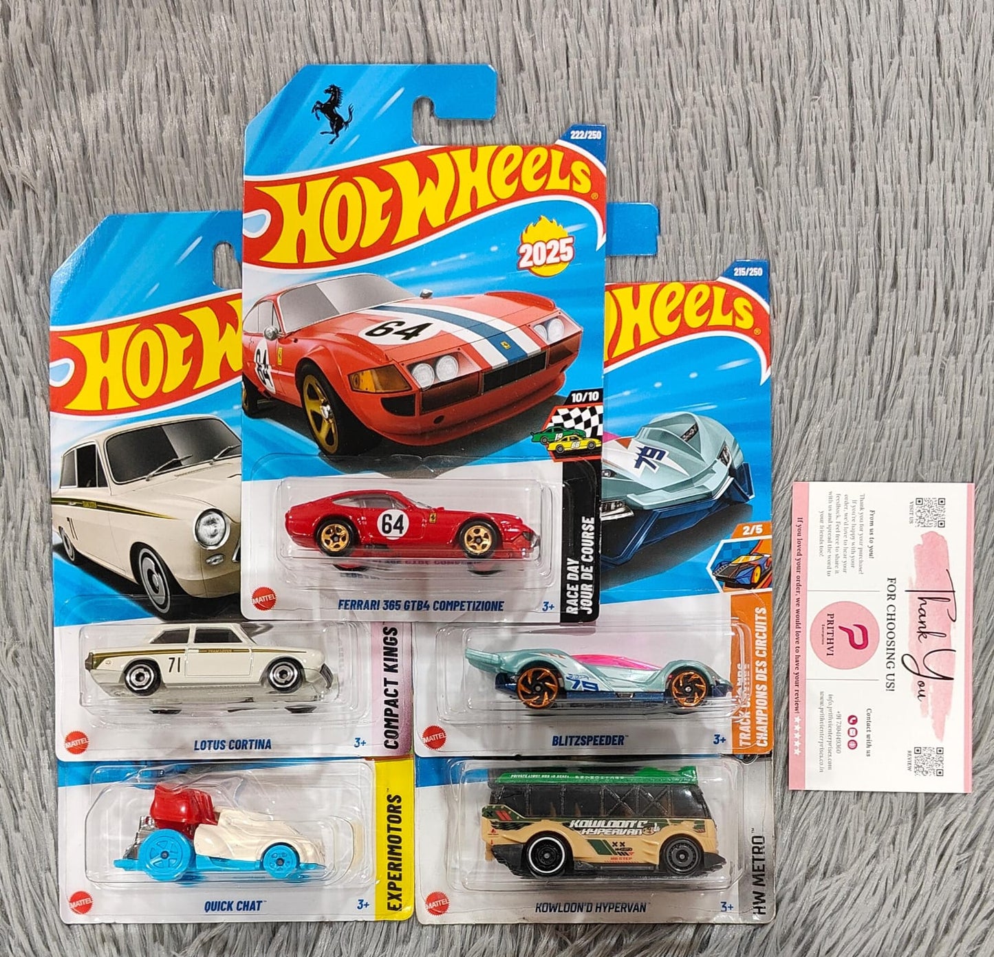 Hot Wheels 5-Car Combo Set – Ferrari 365 GTB4 Competizione, Lotus Cortina, Blitzspeeder, Quick Chat & Kowloond Hypervan (2025 Collection by Mattel)