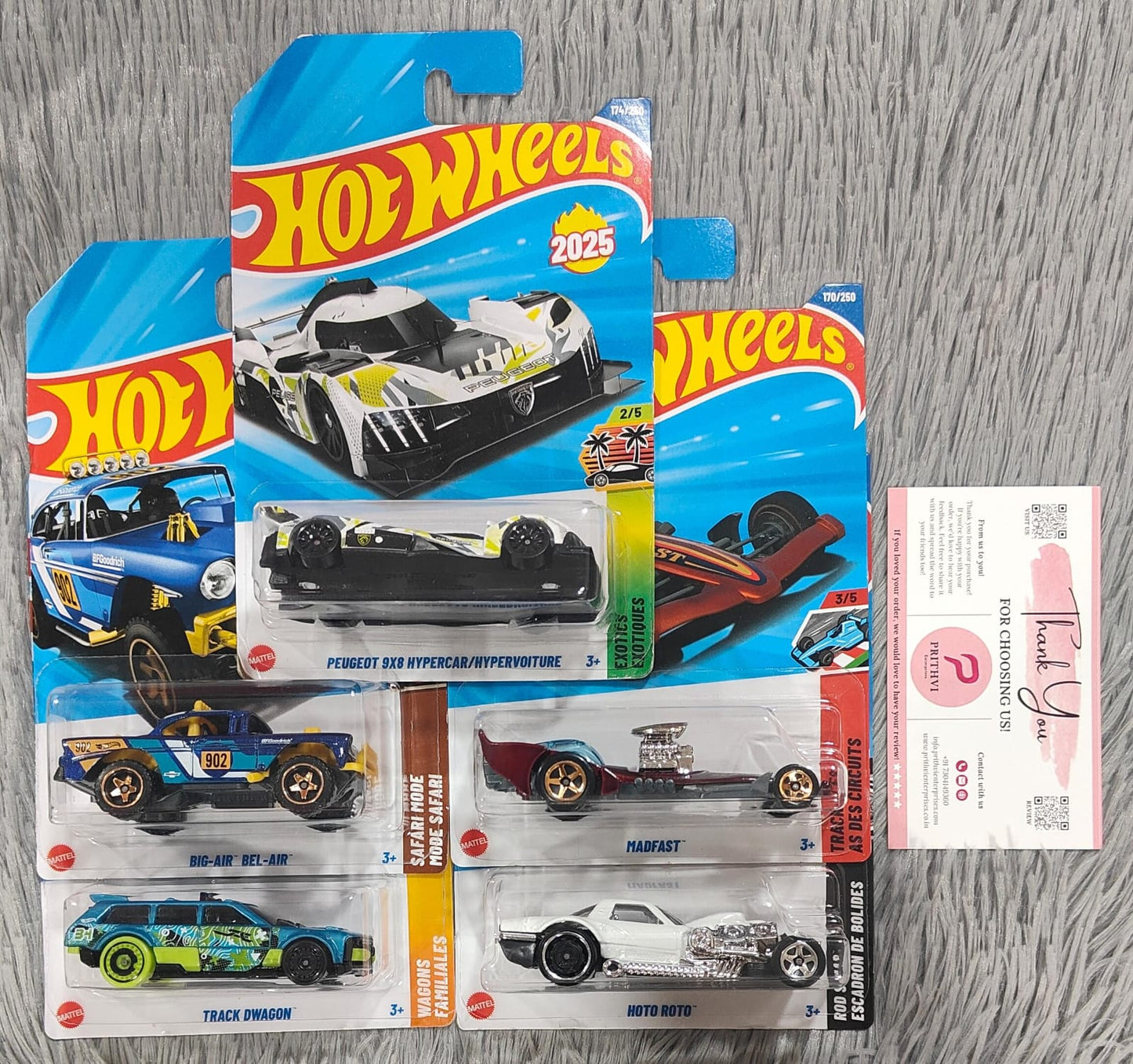 Hot Wheels 5-Car Combo Set – Peugeot 9X8 Hypercar, Big-Air Bel-Air, Track Dwagon, Madfast & Hoto Roto (2025 Collection by Mattel)