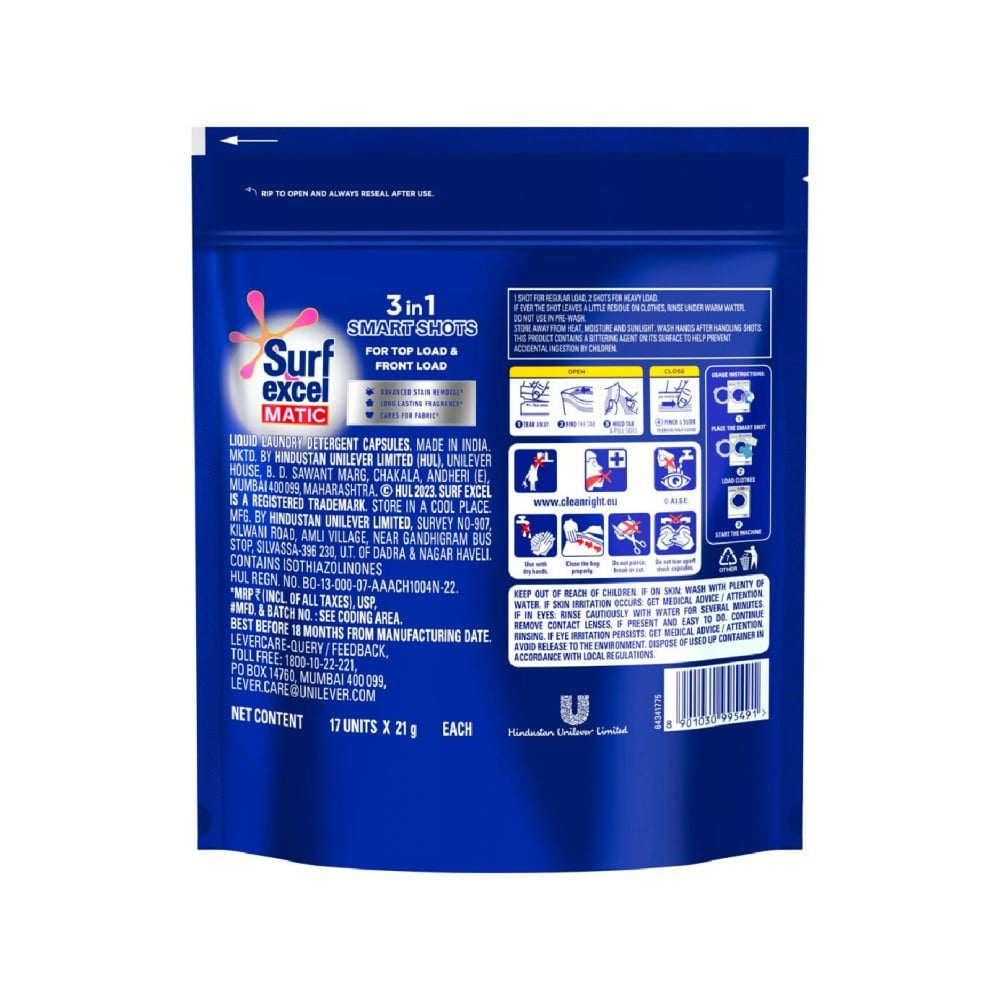 Surf Excel 3 In 1 Smart Shots Detergent Pods : 1 pack ( 26 g x 17 pieces)