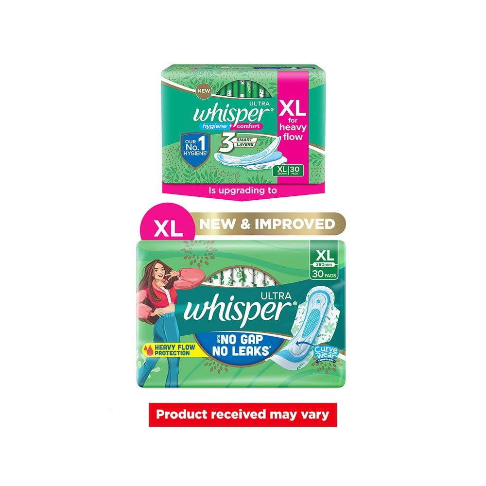 Whisper Ultra Upto No Gap No Leaks Sanitary Pads (XL, 30 pieces) : 30 pieces