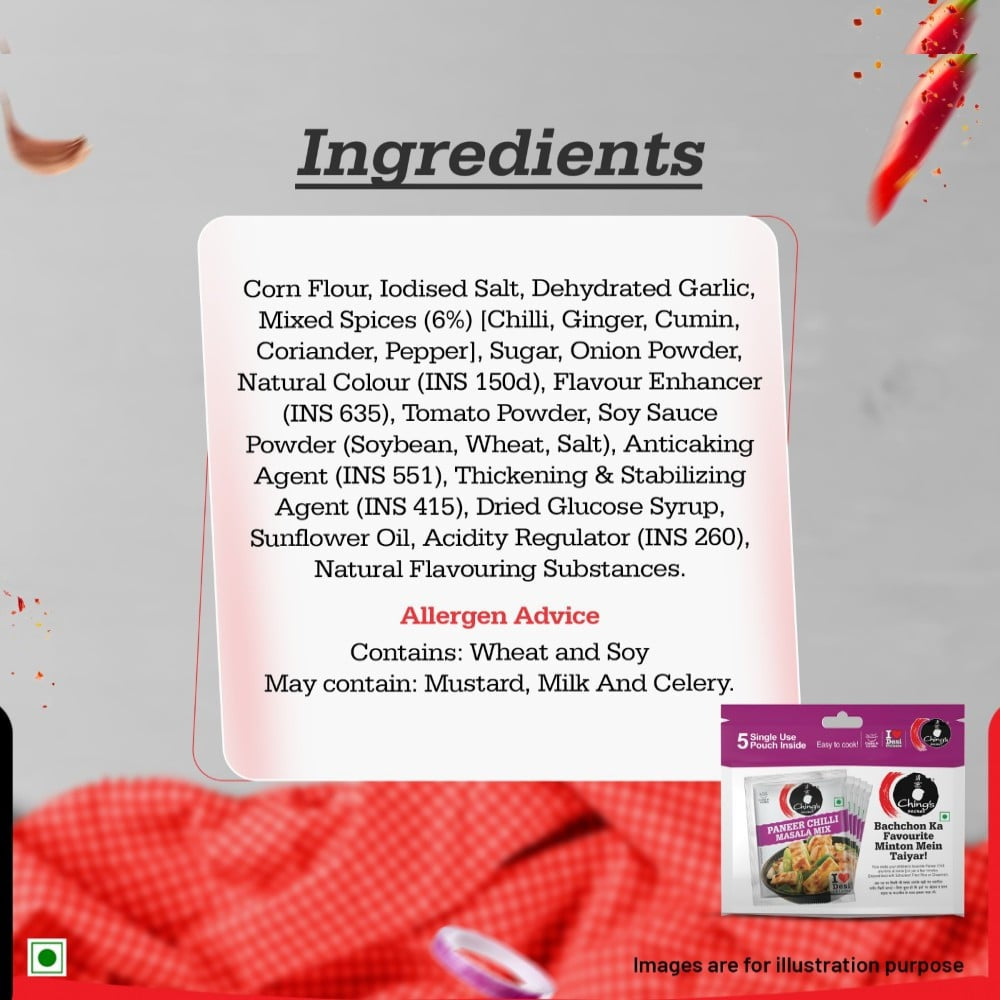 Ching's Secret Paneer Chilli Masala Instant Mix - 5 Single Use Pouches : 5 x 20 g