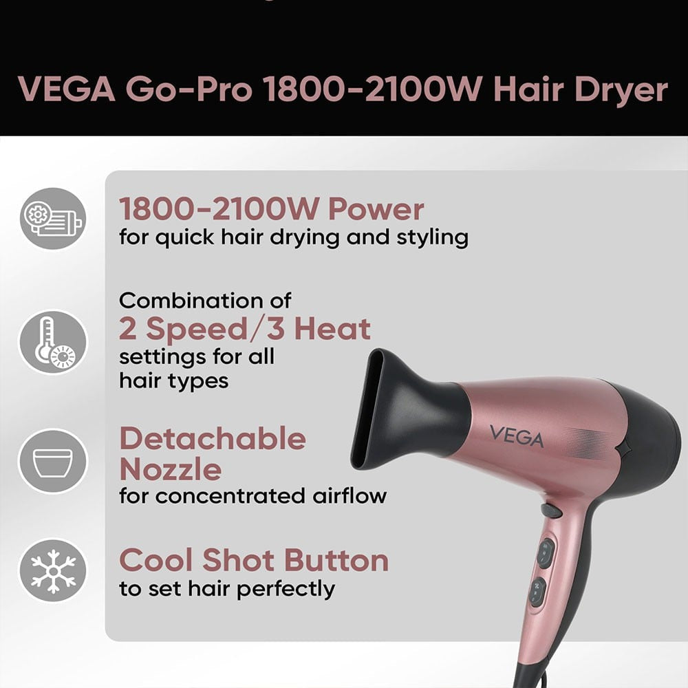 Vega Go Pro Professional Hair Dryer (Rose Gold, 2100 W, VHDH-25) : 1 unit
