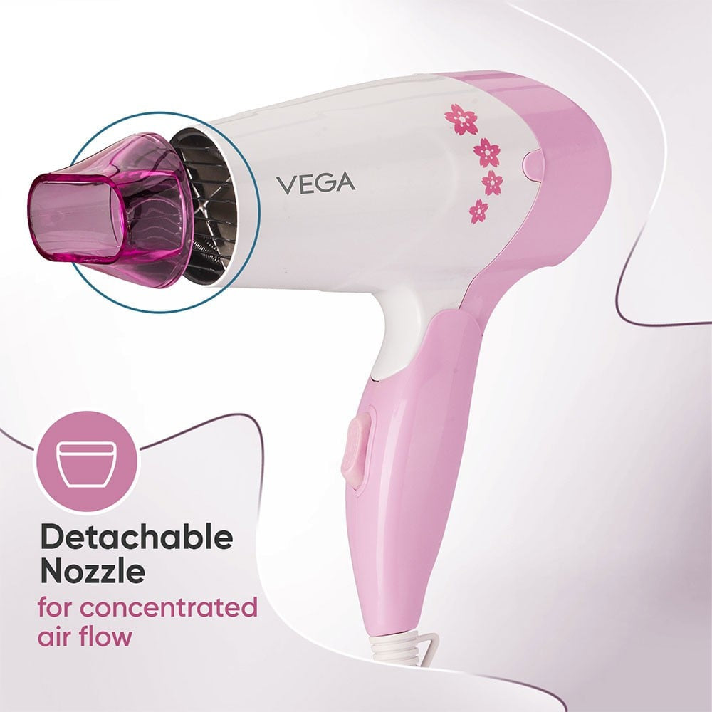 Vega Insta Glam Foldable Hair Dryer, VHDH-20 (Pink, 1000W) : 1 unit