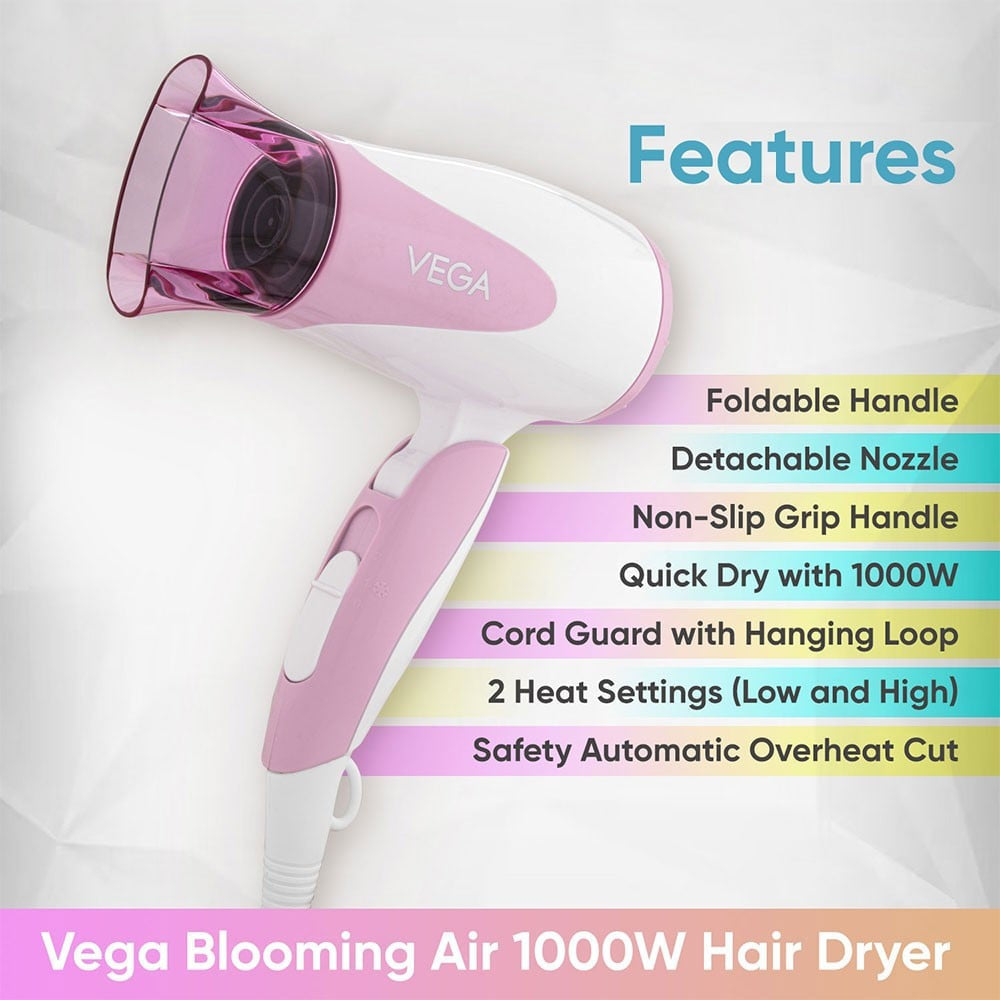 Vega Blooming Air Foldable Hair Dryer, VHDH-05 (Pink & White, 1000W) : 1 unit