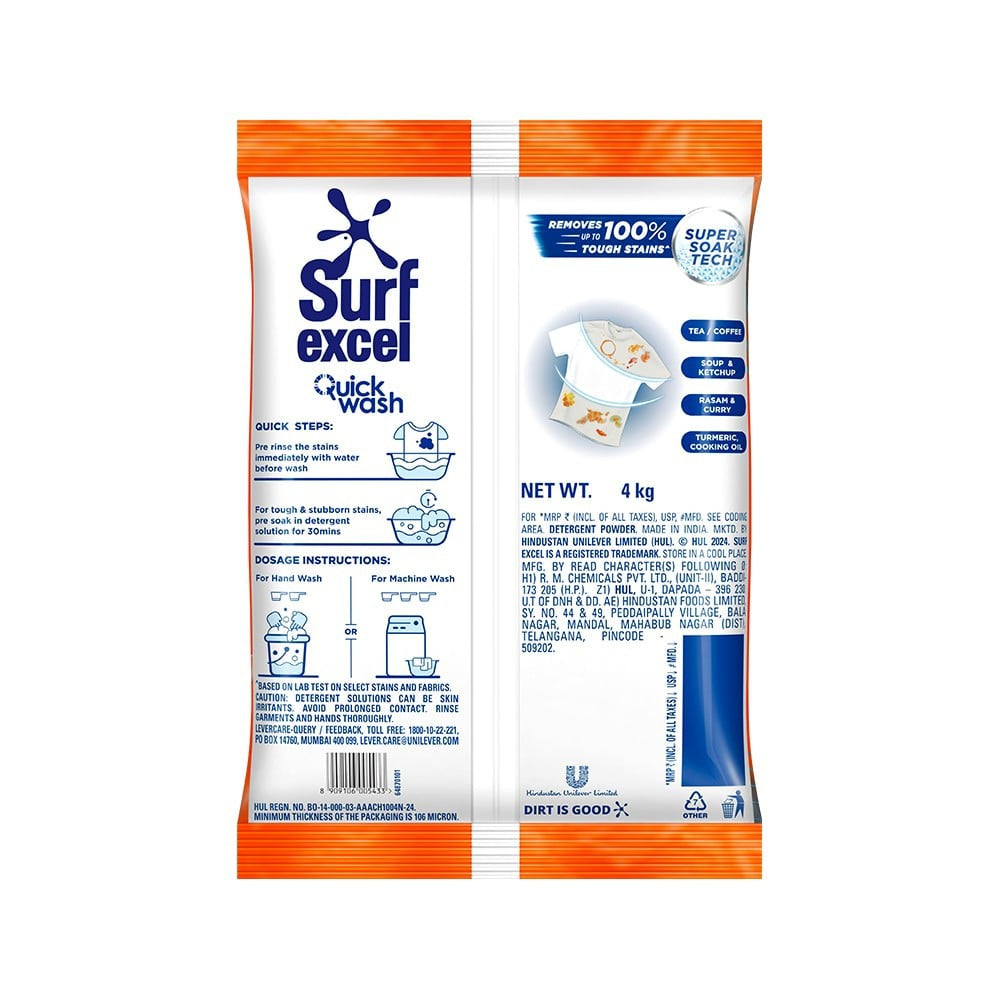 Surf Excel Quick Wash Detergent Powder - Free 1 kg : 3 kg + 1 kg