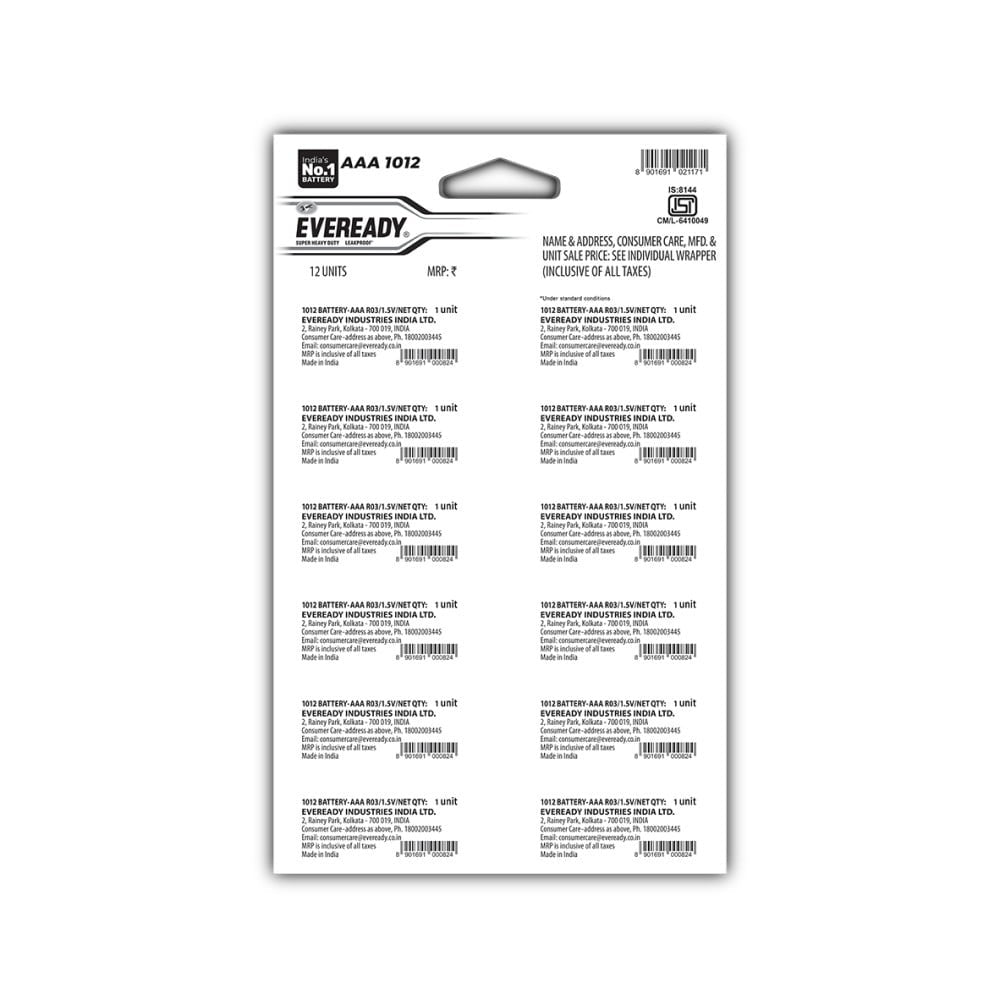 Eveready AAA Carbon Zinc Battery : 1 pack (12 Pieces)