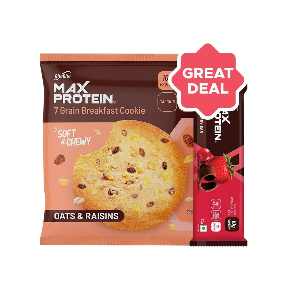 RiteBite Max Protein Daily Choco Berry Protein Bar + RiteBite Max Protein Oats & Raisins Cookies Combo : 55 g + 50 g