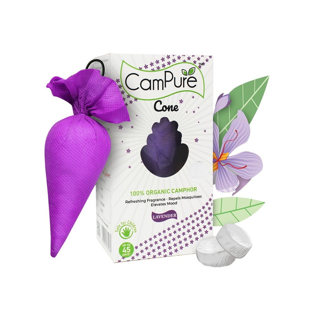 CamPure 100% Organic Camphor Car Freshener Cone - Lavender : 60 g