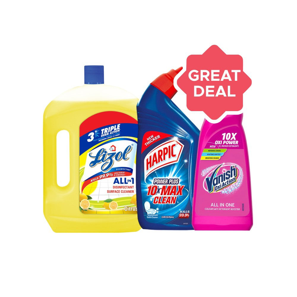 Vanish Oxi Action Fabric Stain Remover (800 ml) + Harpic Disinfectant Liquid Toilet Cleaner - (Original) + Lizol Disinfectant Surface & Floor Cleaner (Citrus) Combo : 800 ml + 1 ltr + 2 ltr