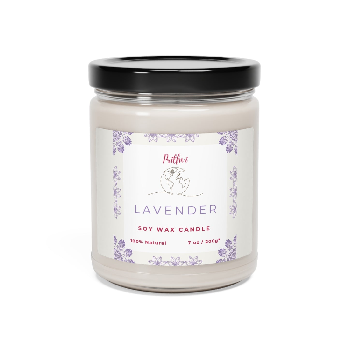 Prithvi Handmade Soy Wax Candle with "Lavender" Fragrance (200g/7oz, 40 Hours Burn Time)