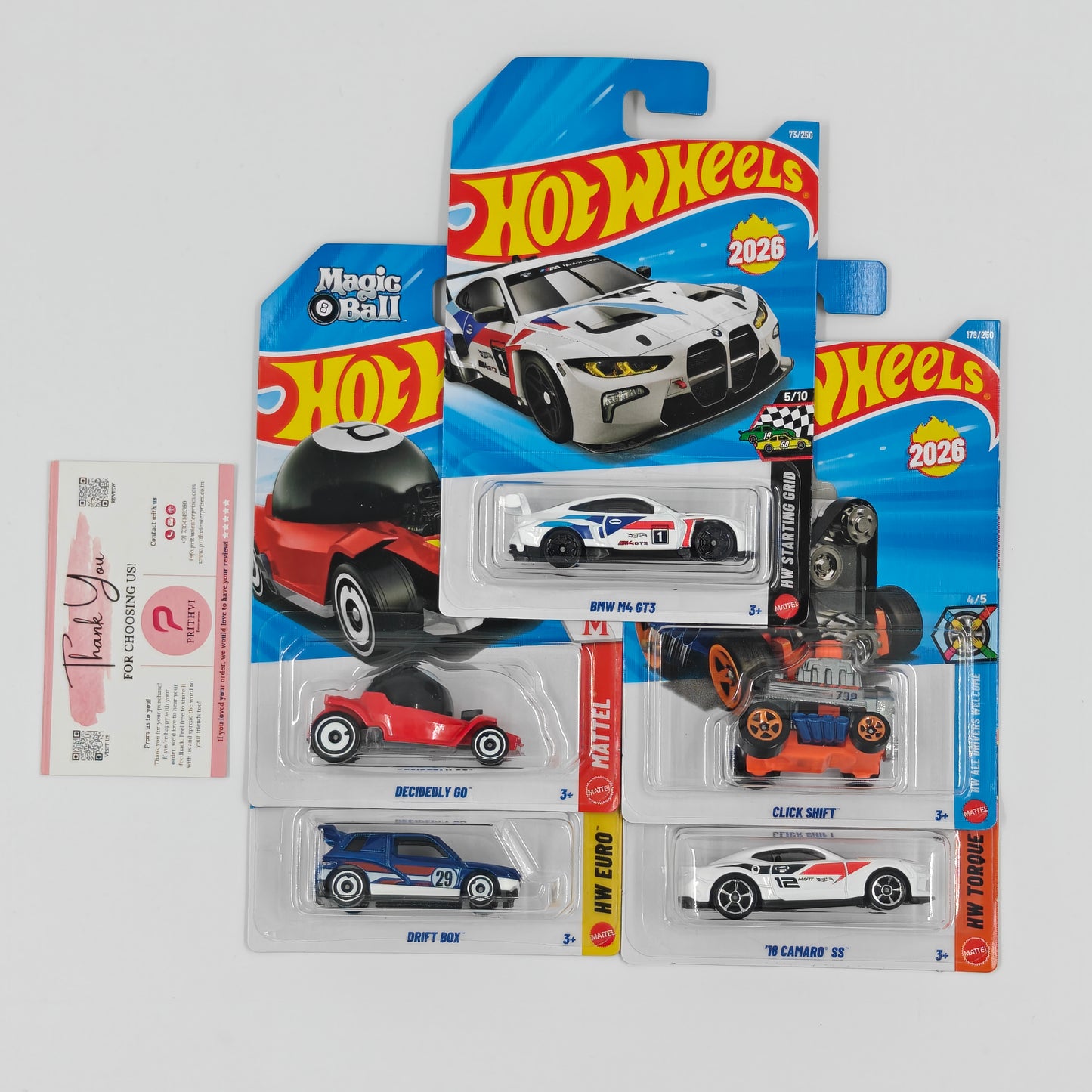 BMW M4 GT3, Decidedly Go, Drift Box, Click Shift & '18 Camaro SS by Mattel – Hot Wheels Bundle