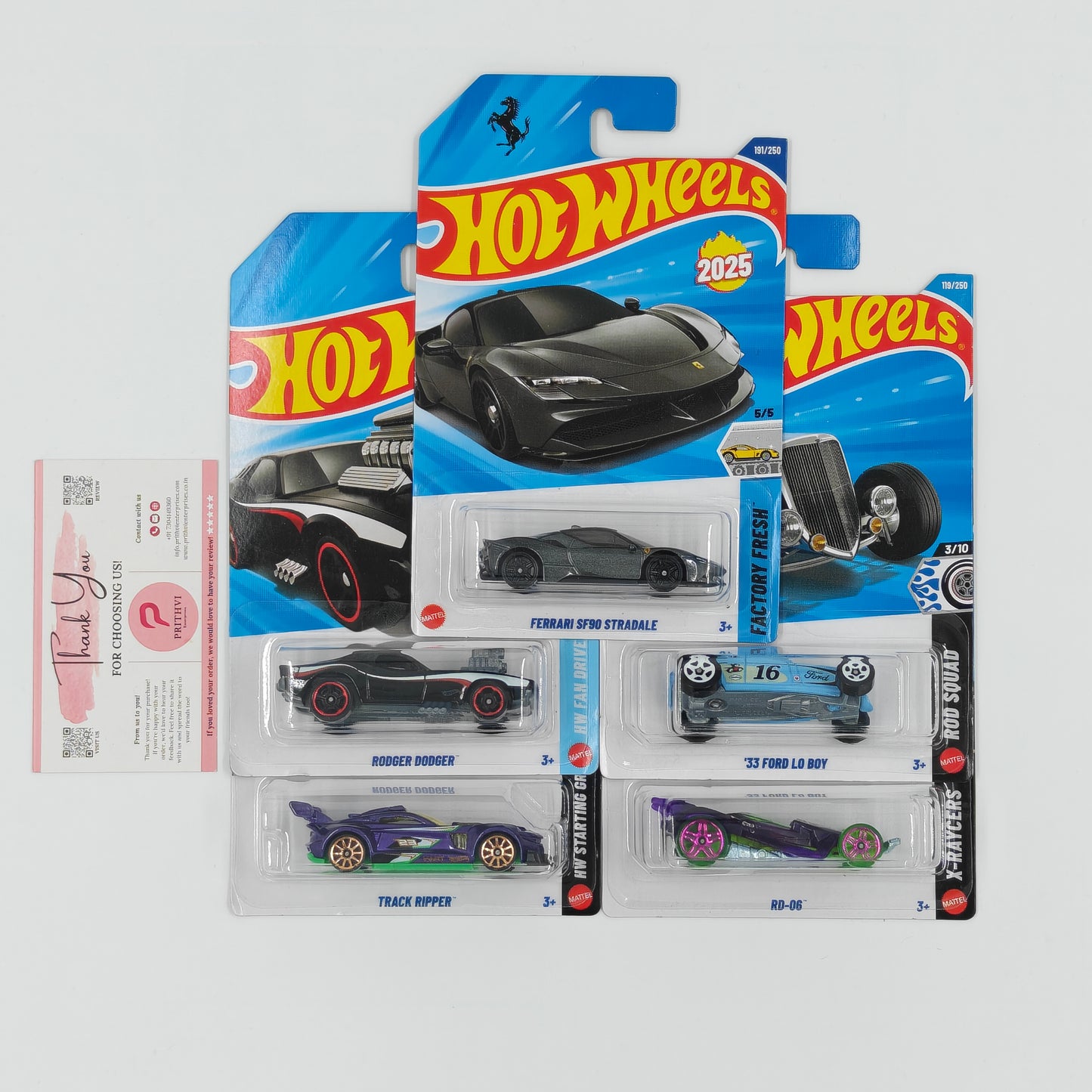 Ferrari SF90 Stradale, Rodger Dodger, Track Ripper, '33 Ford Lo Boy & RD-06 by Mattel – Hot Wheels 5-Car Bundle