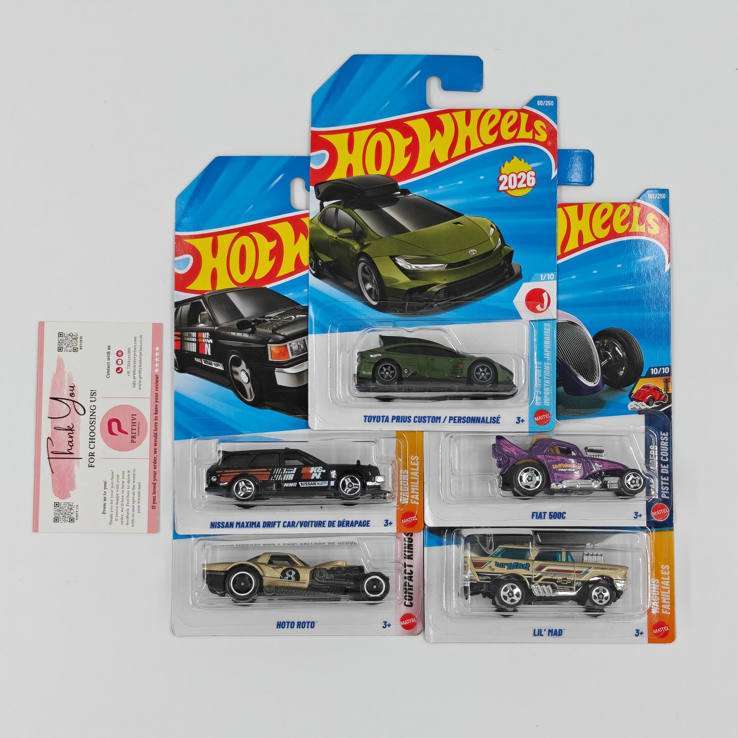 Toyota Prius Custom / Personnalisé, Nissan Maxima Drift Car / Voiture de Dérapage, Hoto Roto, Fiat 500C & Lil' Mad by Mattel – Hot Wheels Bundle