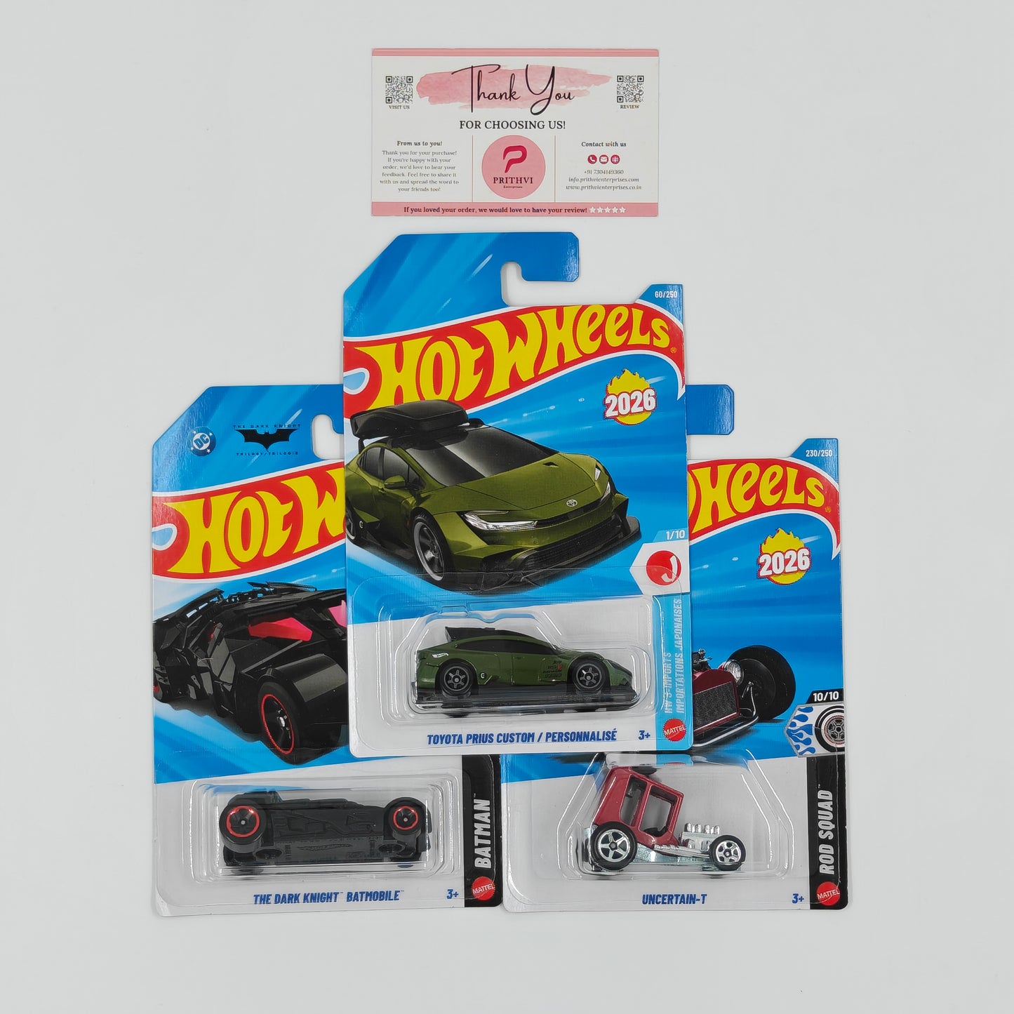 Toyota Prius Custom / Personnalisé, The Dark Knight Batmobile & Uncertain-T by Mattel – Hot Wheels Bundle