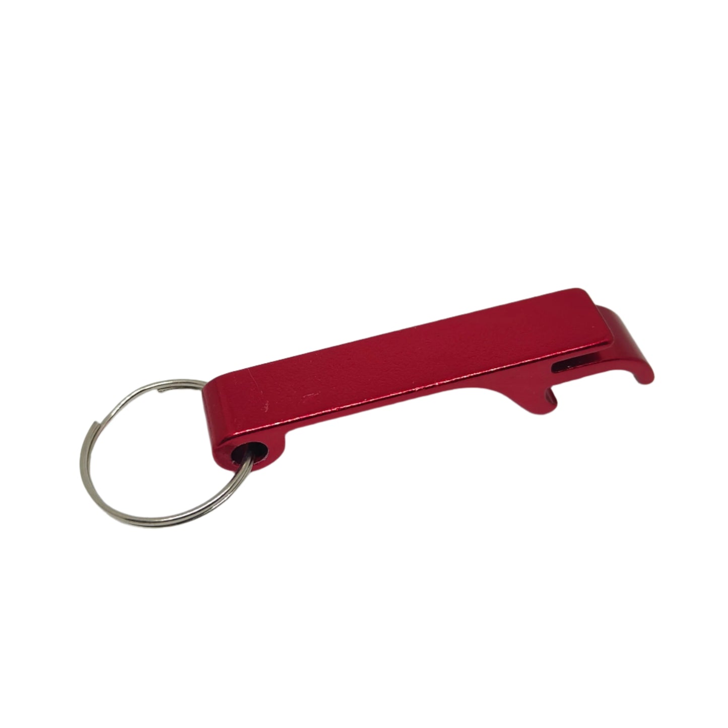 Red bottle opener keychain on a white background