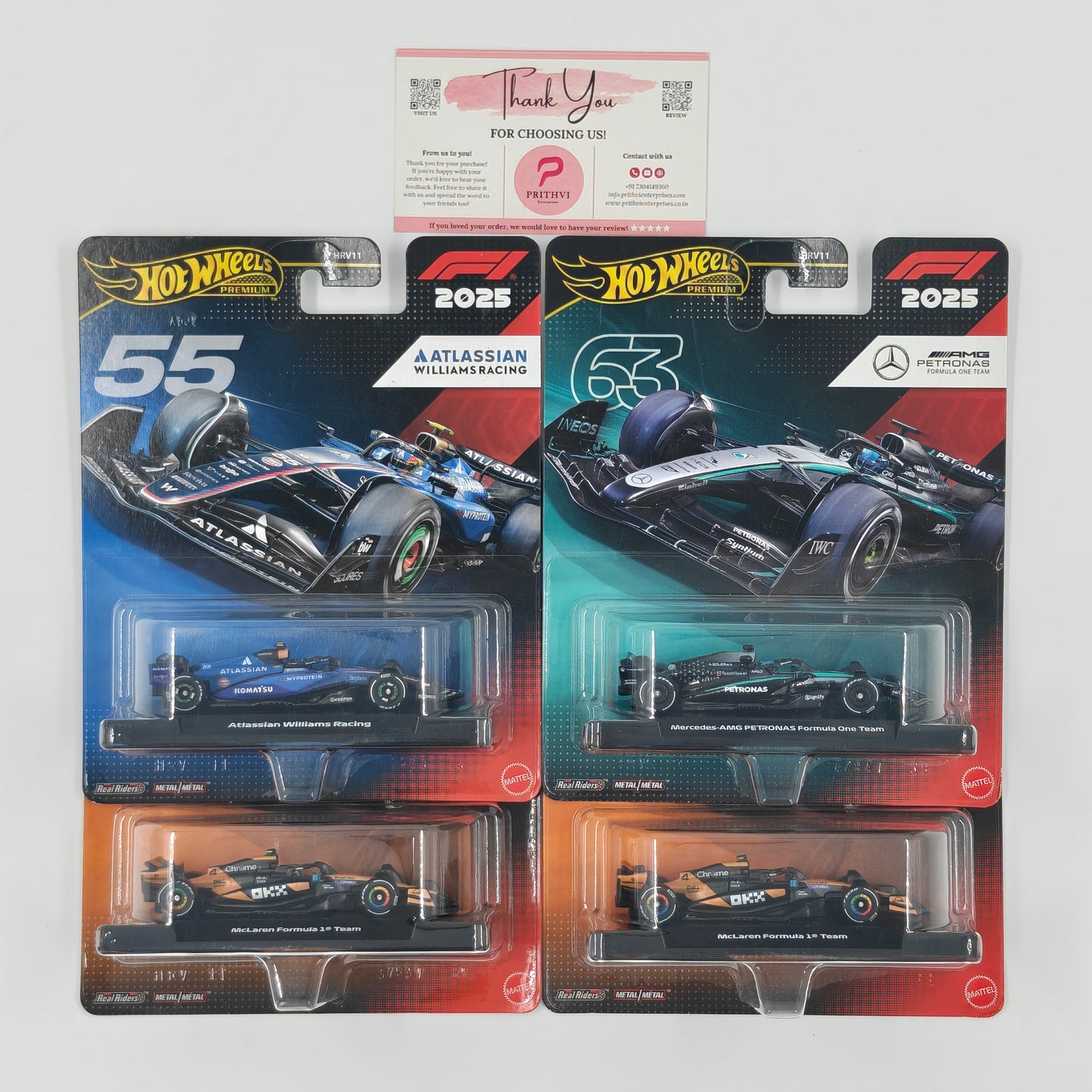 Atlassian Williams Racing, Mercedes-AMG PETRONAS Formula One Team, McLaren Formula 1 Team & McLaren Formula 1 Team (2nd) by Mattel – Hot Wheels Premium Bundle