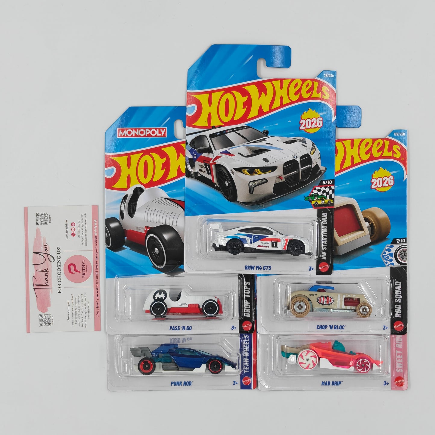 BMW M4 GT3, Pass 'N Go, Punk Rod, Chop 'N Bloc & Mad Drip by Mattel – Hot Wheels 5-Car Bundle