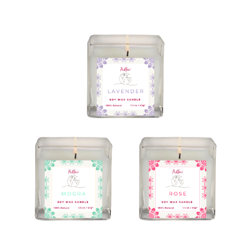 Soy Wax Candle Set of 3 Candles - Lavender, Mogra, Rose