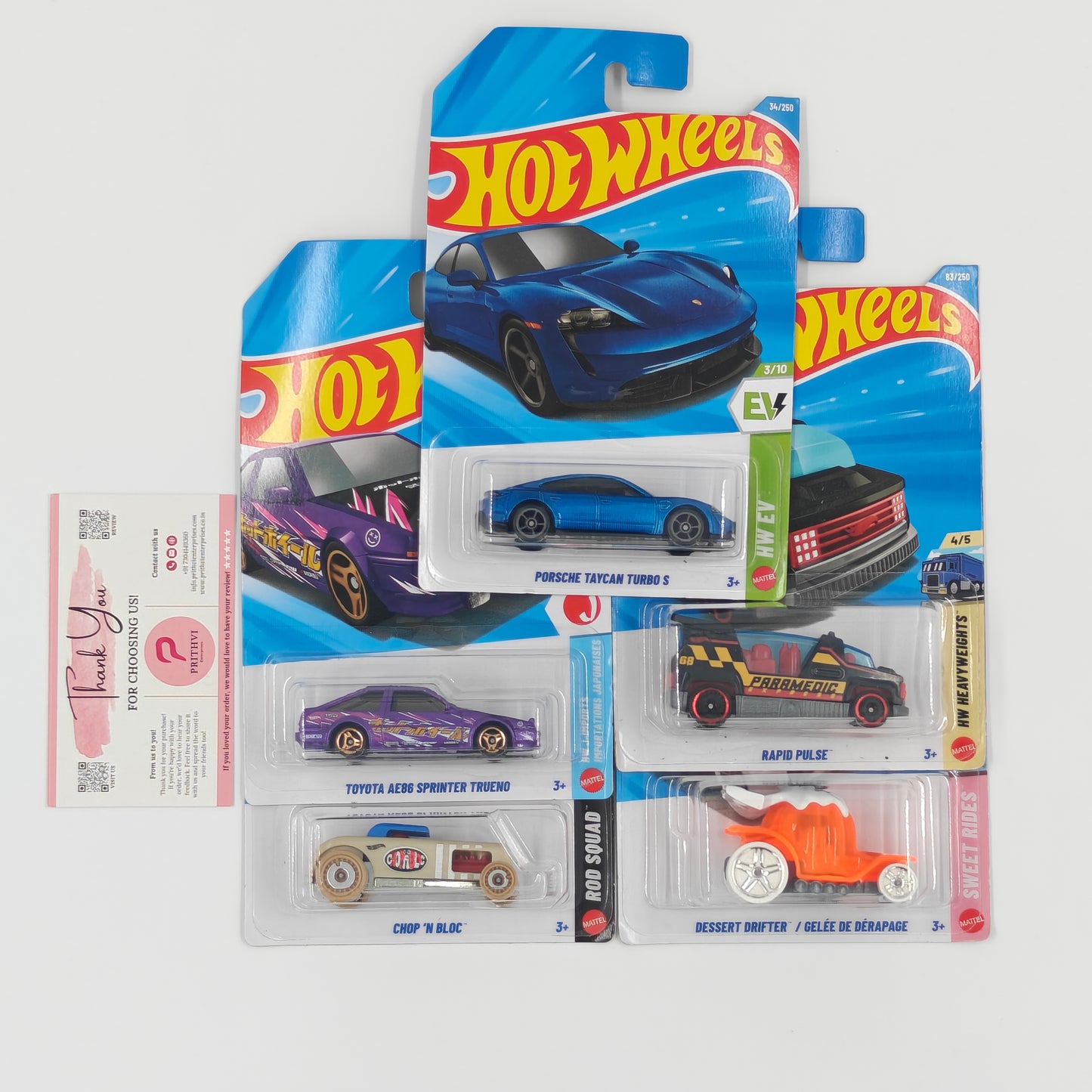 Porsche Taycan Turbo S, Toyota AE86 Sprinter Trueno, Rapid Pulse, Chop 'N Bloc & Dessert Drifter / Gelée de Dérapage by Mattel – Hot Wheels Bundle