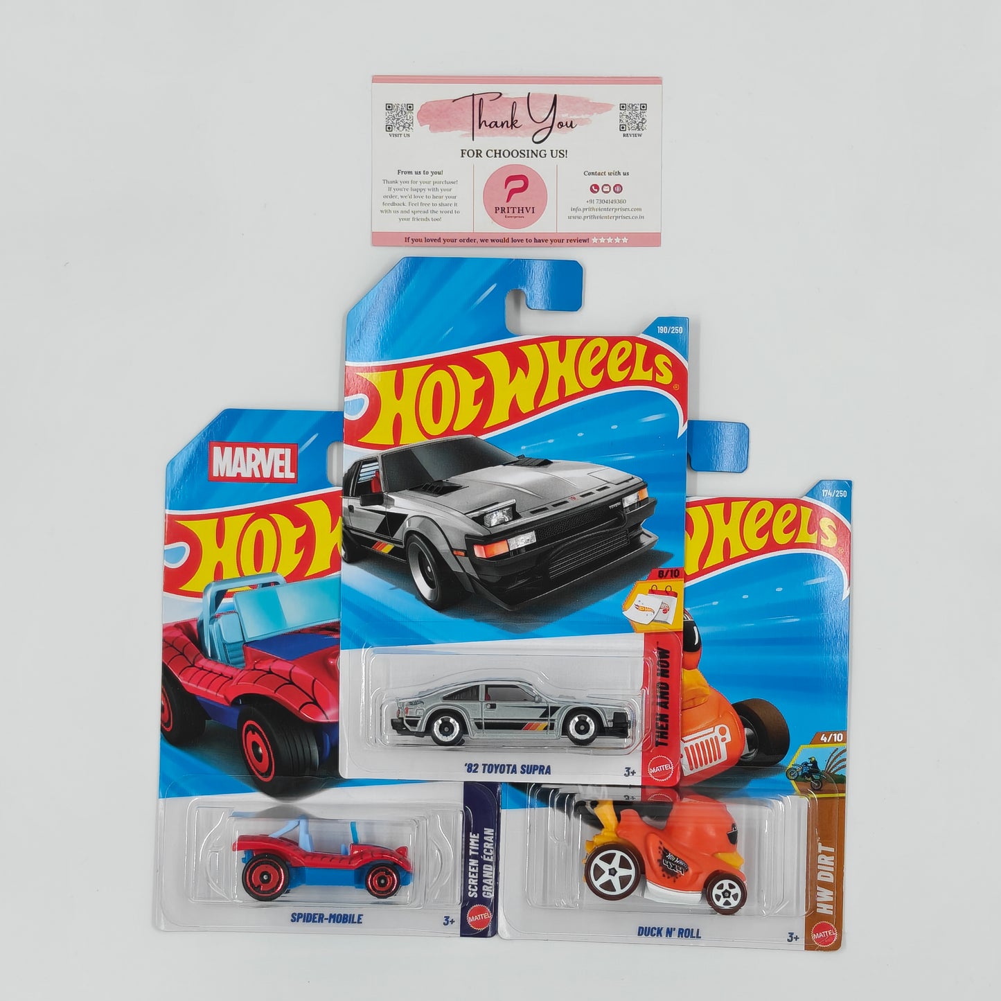 '82 Toyota Supra, Spider-Mobile & Duck N' Roll by Mattel – Hot Wheels Bundle
