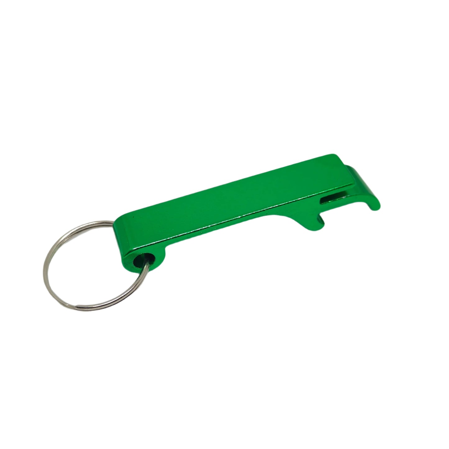 Green bottle opener keychain on a white background