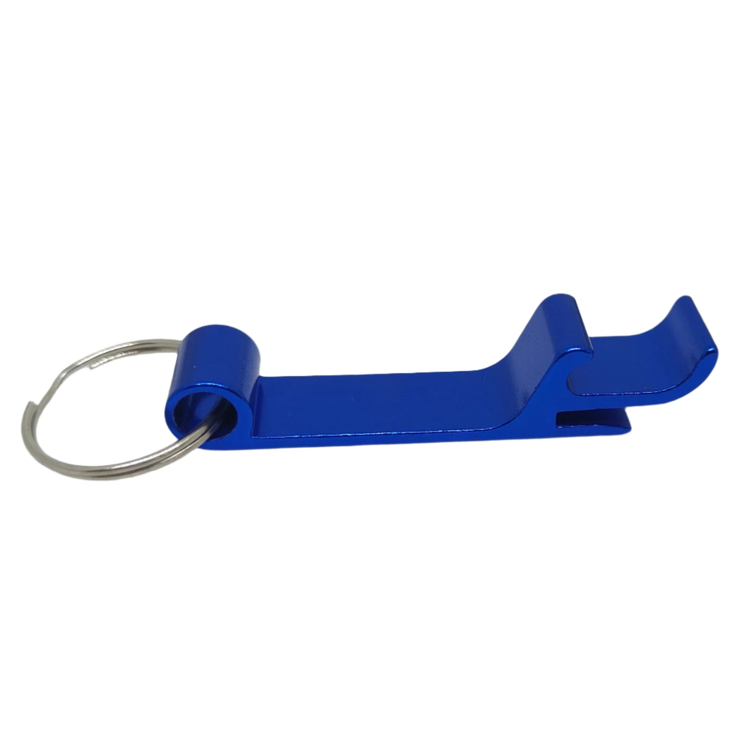 Blue bottle opener keychain on a white background